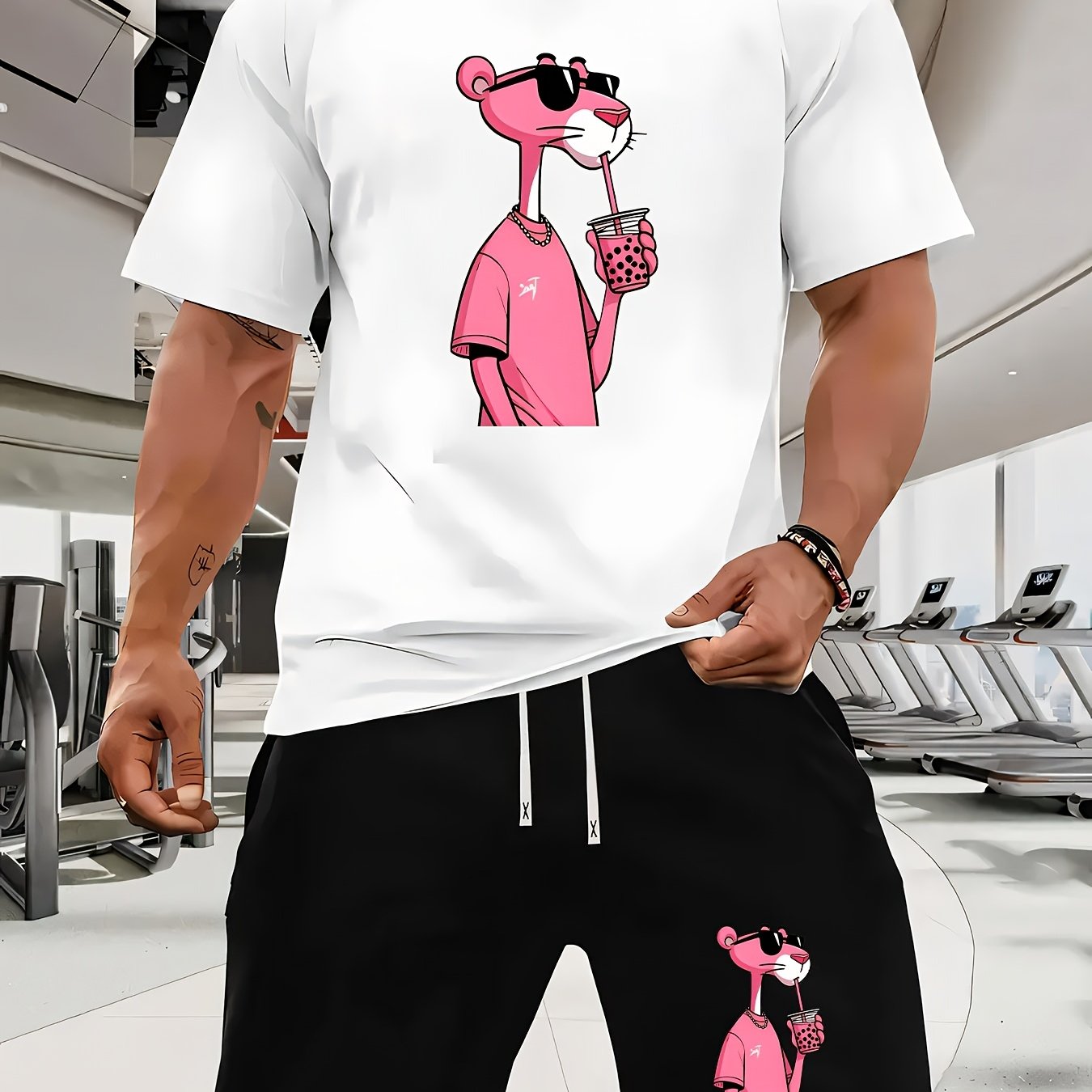 Men'S Short-Sleeved T-Shirt And Waist-Tightening Shorts Set with Trendy Pink Leopard Image Print, Casual Sports Regular Top And Pants Suit, Suitable for Spring And Summer Matching