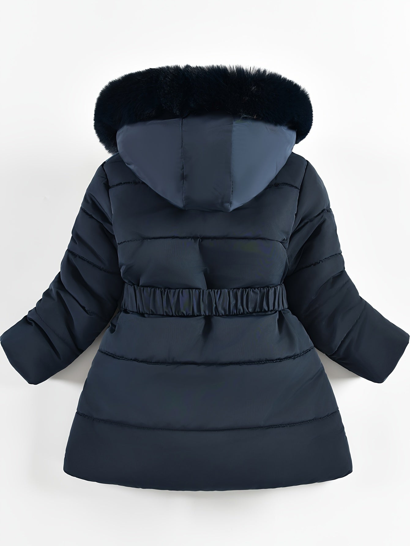 Stylish Girls' Winter Coat with Faux Fur Hood, Heart-Shaped Diamond Pattern, Warm Mid-Length Parka with Belt - Beige, Polyester, Fall/Winter Outerwear for Girls, Girls Winter Clothes