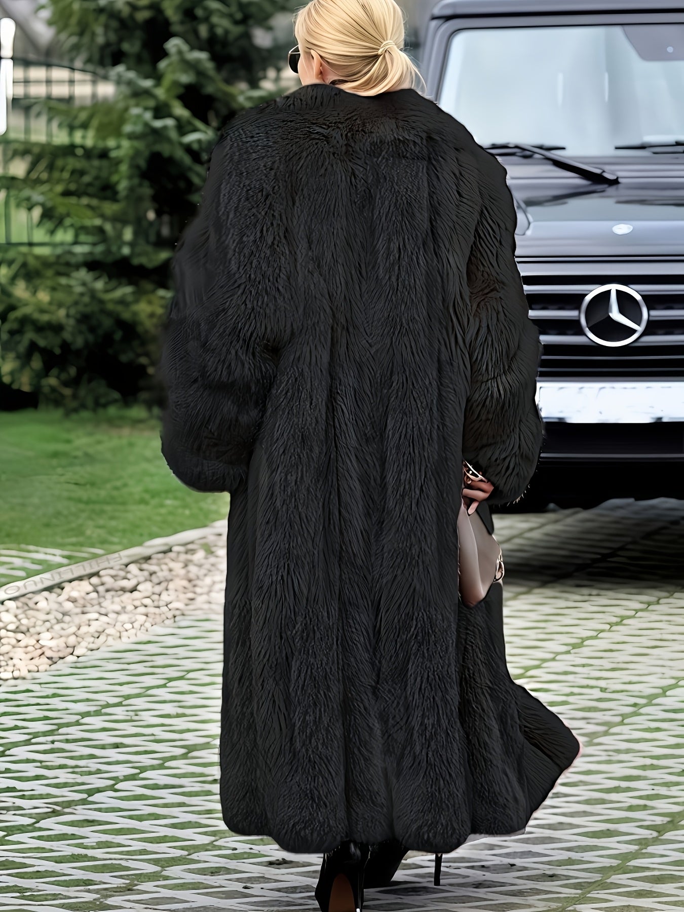 Plus Size - Plus Size Long Faux Rabbit Coat for Women | Stylish and Casual with Elegant Vibe, Non-Stretch Fabric, Lapel Collar, Solid Color, Regular Sleeve, Long Length, Fall/Winter Season