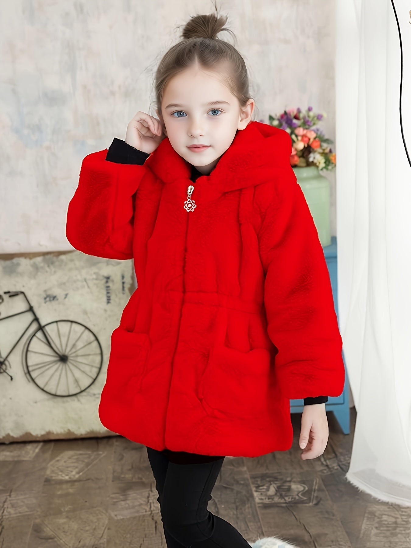 Girls' Cozy Faux Fur Hooded Coat - Warm Zip-Up Winter Jacket with Pockets, Cute Ear Flaps & Plush Trim, Vibrant Red Mid-Length Casual Fall/Winter Outerwear for Youngsters & Toddlers, Autumn Winter Apparel, Playful Design, Sof