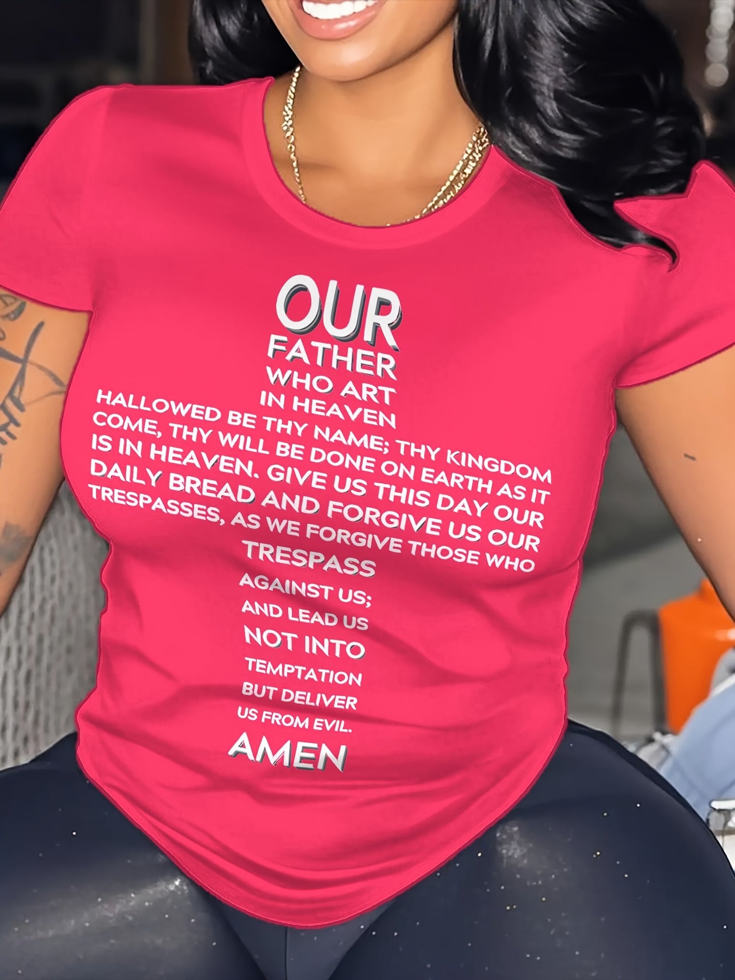Women's Plus Size Loose Fit T-Shirt - Lord's Prayer Cross Print Religious Inspirational Top, Soft Stretch Comfort, Bright Pink with White Text, Machine Washable Round Neck Casual Shirt for Spring Summer Fall, Ladies T Shirts,