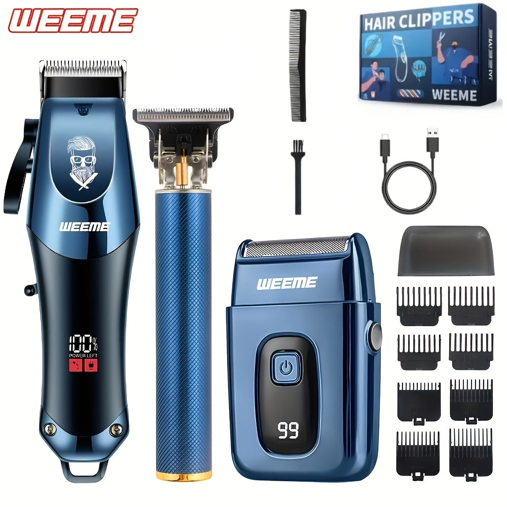 Men's Grooming Kit 3pcs Set, Golden Balck Hair Clippers with LCD Display, USB Rechargeable, 8 Guide Combs, Trimmer And Shaver, with Cleaning Brushes And Comb, Gift for Men