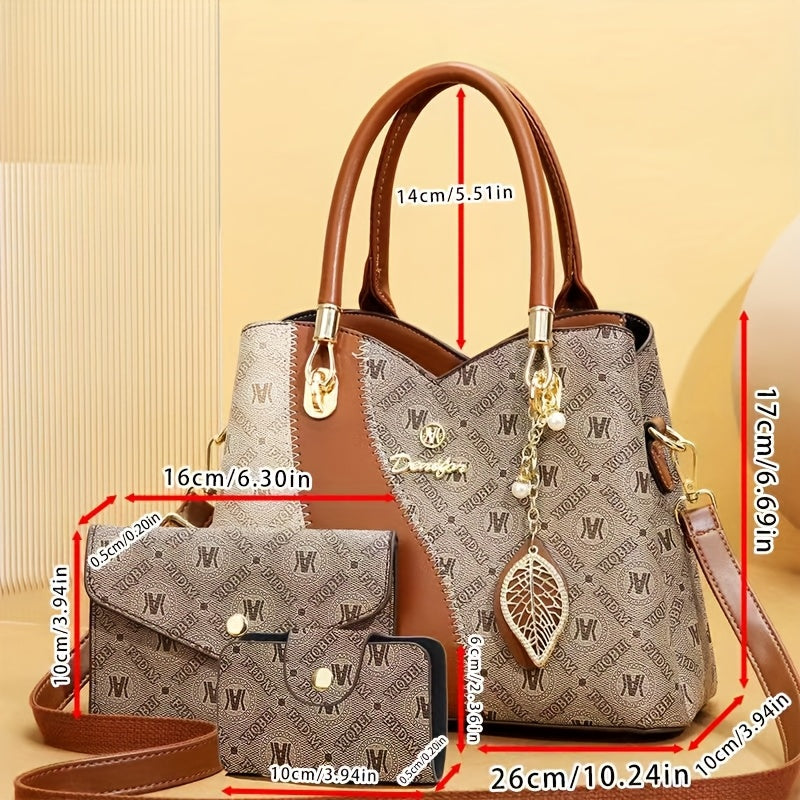 CHROSGEKEIDI Women's 2-in-1 Handbag & Crossbody Set - Coffee Brown Golden-Tone Hardware, Detachable Strap, Zipper Closure, Wallet-Like Pocket - Elegant Tote & Purse Combo for, Travel, Everyday (Luxury-Ready Matching Outfit