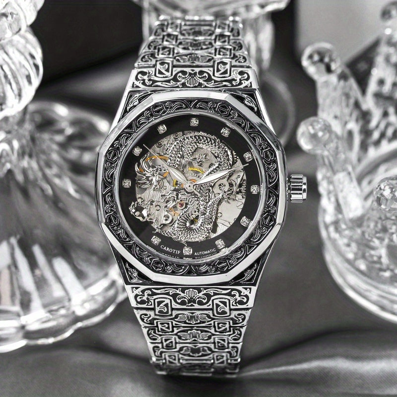 [1pc Silvery Steel Watch] 1pc Men's Silvery Steel Retro Polygonal Dragon Shape Tourbillon Automatic Hollow Mechanical Watch