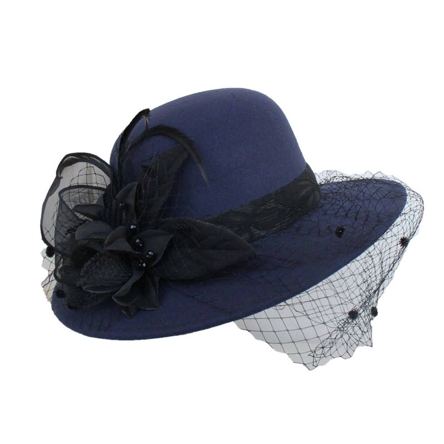 Women's Wide Brim Fedora Hat with Black Lace Veil & Floral Decor - Non- Derby Cap for Church, Bridal Tea Party, Formal Events