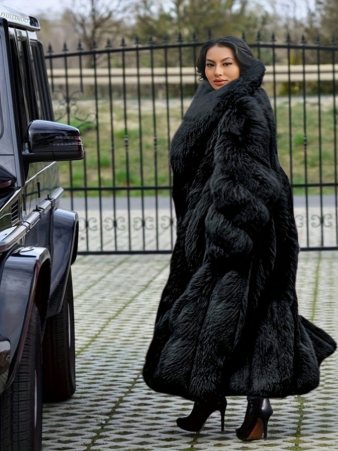 Plus Size - Plus Size Long Faux Rabbit Coat for Women | Stylish and Casual with Elegant Vibe, Non-Stretch Fabric, Lapel Collar, Solid Color, Regular Sleeve, Long Length, Fall/Winter Season