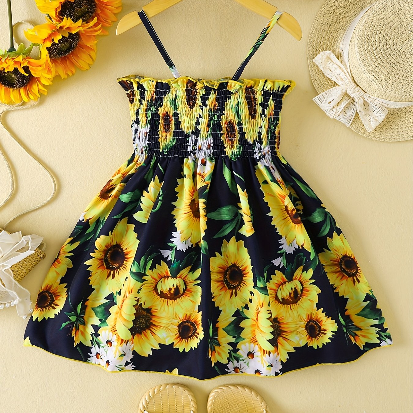[Sunflower | Girls] Gradient Color Sunflower Princess Dress | Toddler Girls Shirred Cami Frill Trim | For Party Beach Vacation Kids Summer Clothes 4th Of July Outfit