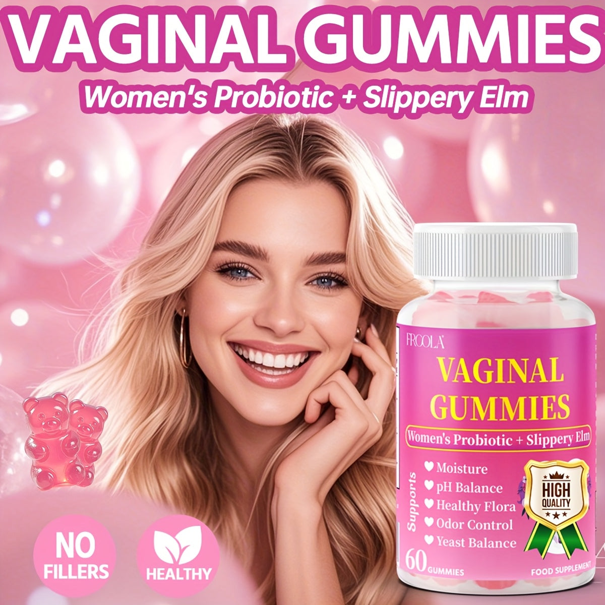 Feminine Private Care Gummies - Natural Hydration, Comfort, Elasticity, And Balance - 30 Servings with Kacip Fatimah, Fenugreek, Slippery Elm Bark, Manjakani, And Maca Root, V-Positiv Probiotic Blend