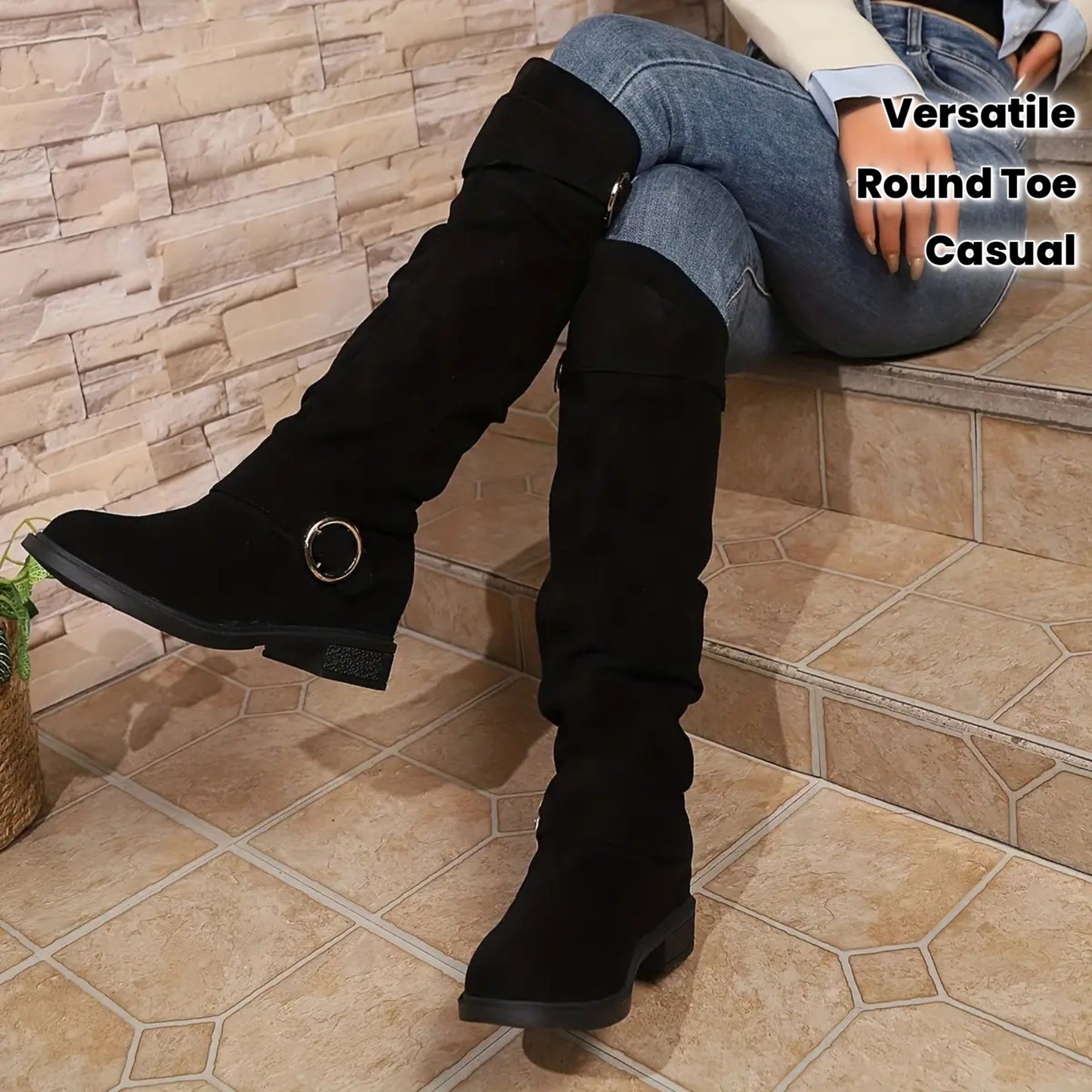 Women'S Winter Warm High Knee Boots with Belt & Buckle Closure - Round Toe Slouchy Design, Cushioned Insole & Arch Support, EVA Upper & Synthetic Cover Sole - Red/ - Casual to Formal Outfits, All-Season Versatile Boots for Ev