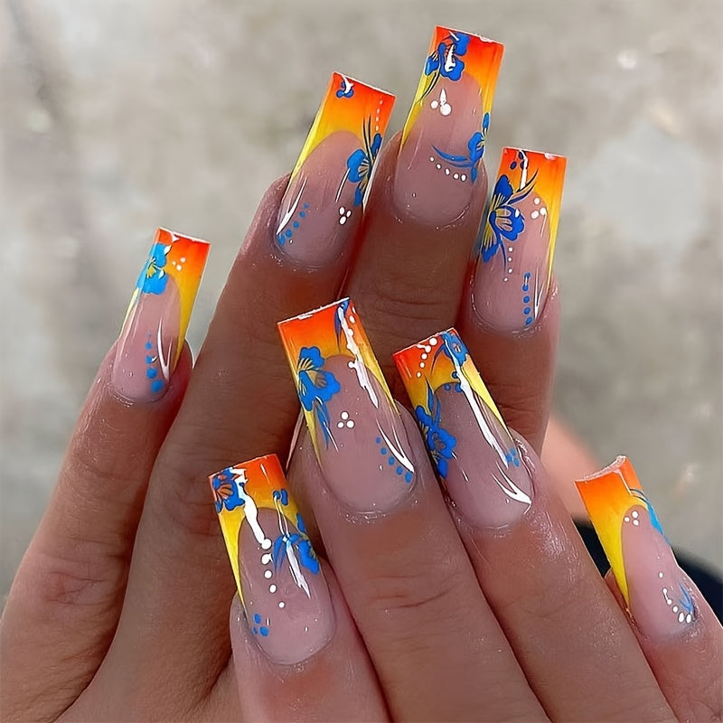 French-Style Gradient Press-On Nails with Blue Flowers & Orange Ombre - Square Medium Length Detachable Nail Extensions Suitable for Women Daily Wear, Parties, Weddings, Prom - Easy Application & Durable Glossy