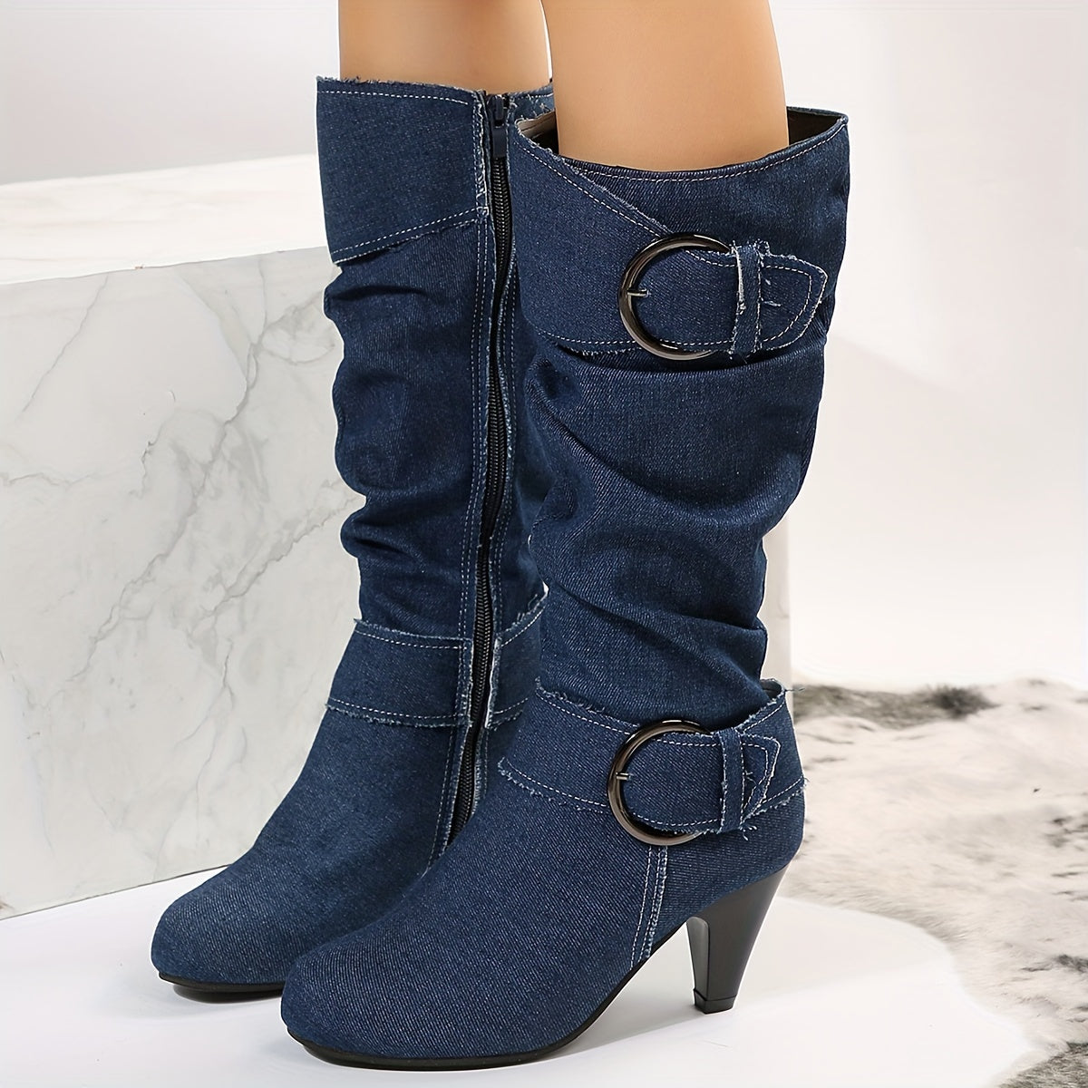 [Versatile Round Toe Boots] Versatile Round Toe Mid Calf Boots - Solid Color Chunky Heel Non-slip Outdoor Shoes - Women's