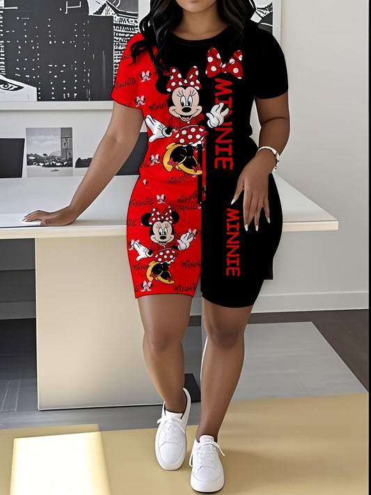 Plus Size Diseny Minnie And Mickey Mouse Two Piece Women's Sports Set, Short Sleeve Crew Neck Top And Sports Shorts Set, Women's Plus Size Suit, Loose Comfortable Sports Set