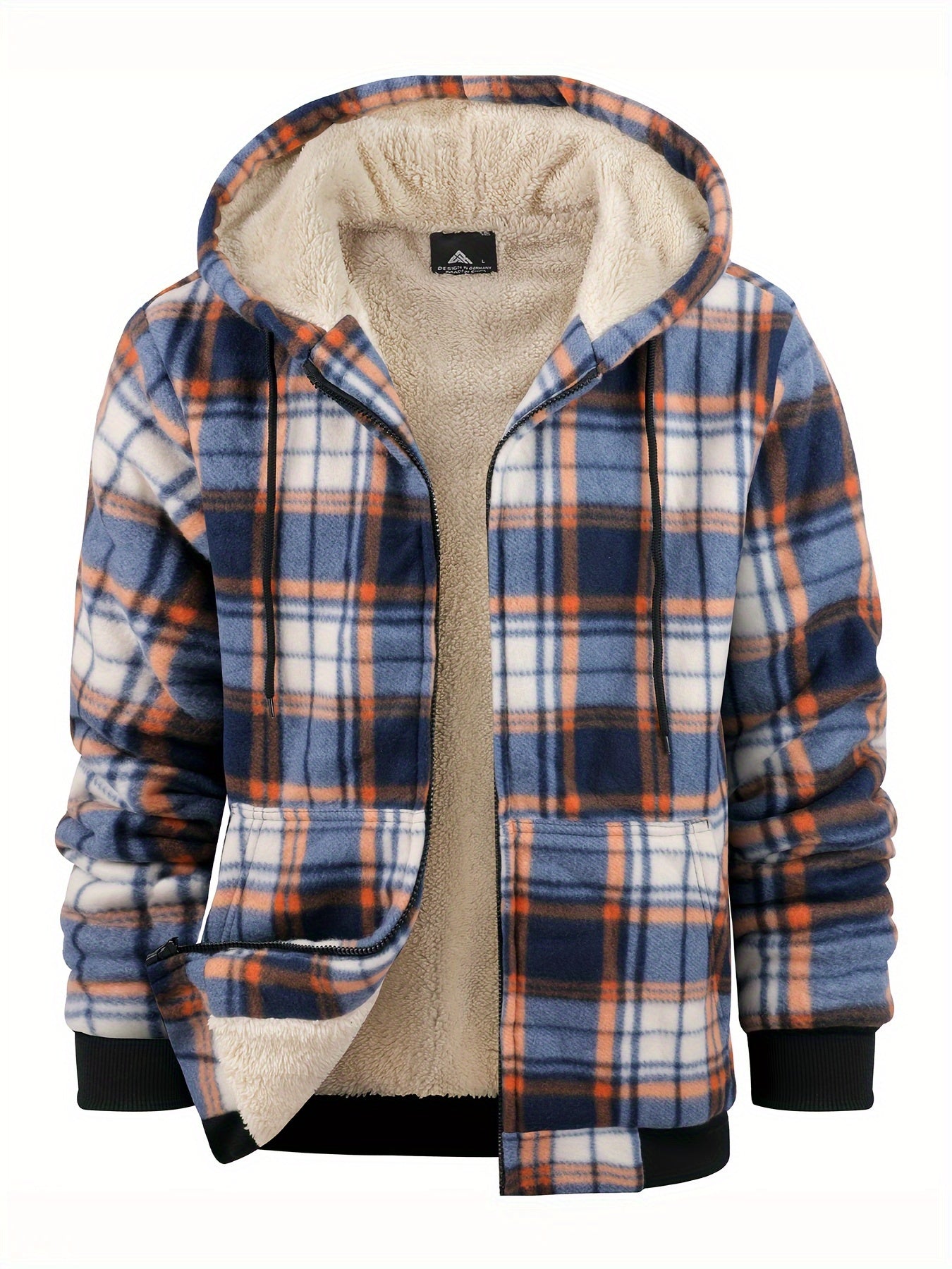 Men's Heavyweight Fleece Hooded Jacket - Full-Zip Sherpa Lining, Thick Winter Coat with Plaid Pattern (Blue/Black/Beige/Brown), Zippered Pockets, Hand Washable, Casual Outerwear for Cold Weather & Everyday Use - Ideal for Ski