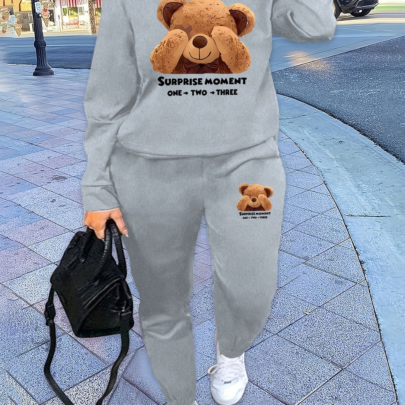 Bear Print Two Piece Set, Crew Neck Sweatshirt & Pants, Women's Clothing