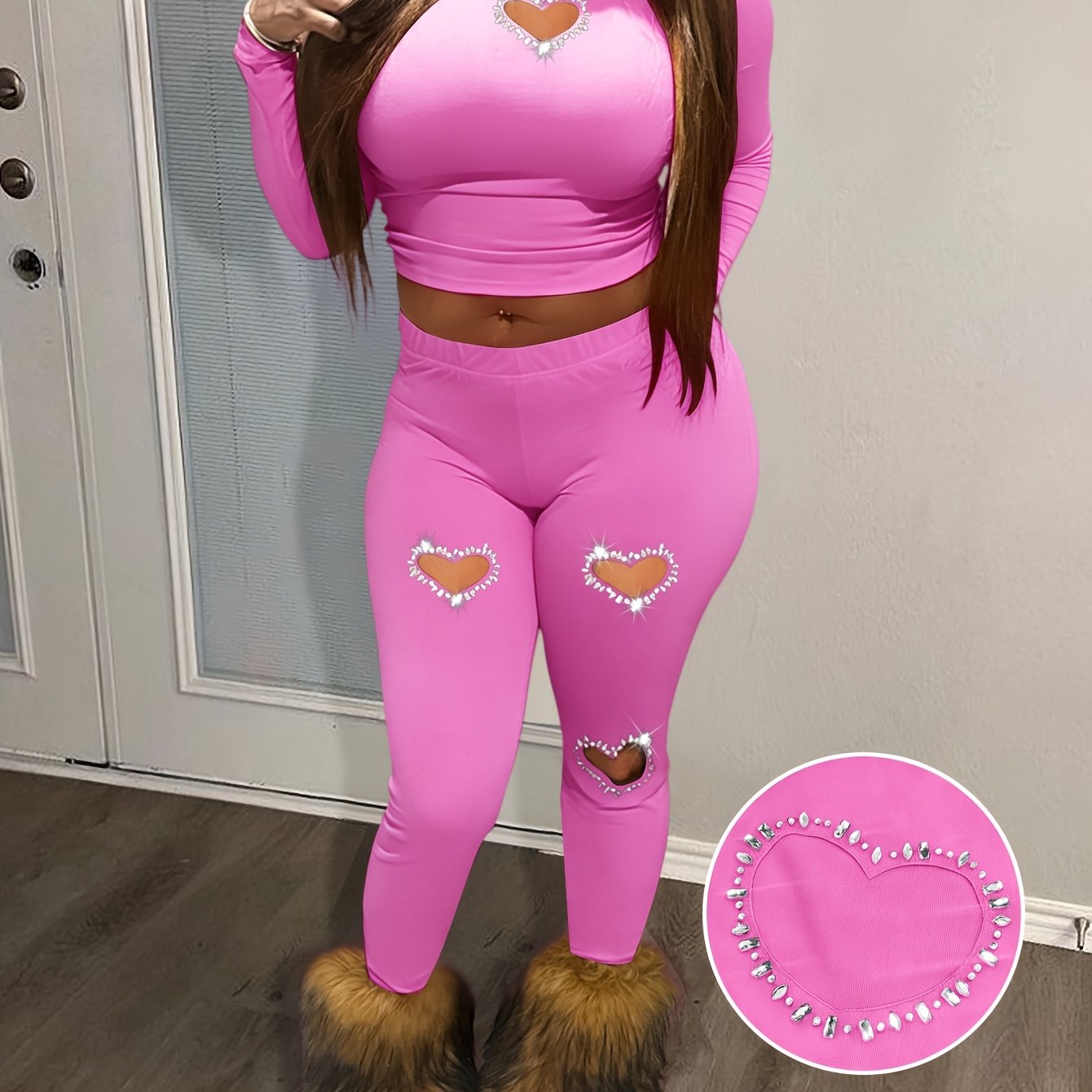 LovelyWholesale Local Valentine's Day Heart Diamond Sweatpants Set, Women's Valentine Gift Outfit