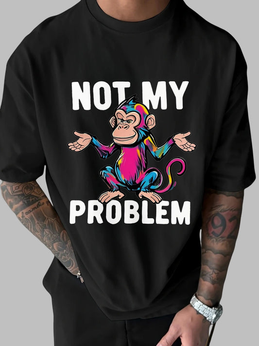 Colorful Monkey "Not My Problem" Graphic T-Shirt - Funny Casual Men'S Tee with Cartoon Monkey Design | Street Style Fashion | Soft Cotton Fabric | Regular Fit Short Sleeve Shirt for Casual Attire, Casual Summer Wear | Playful
