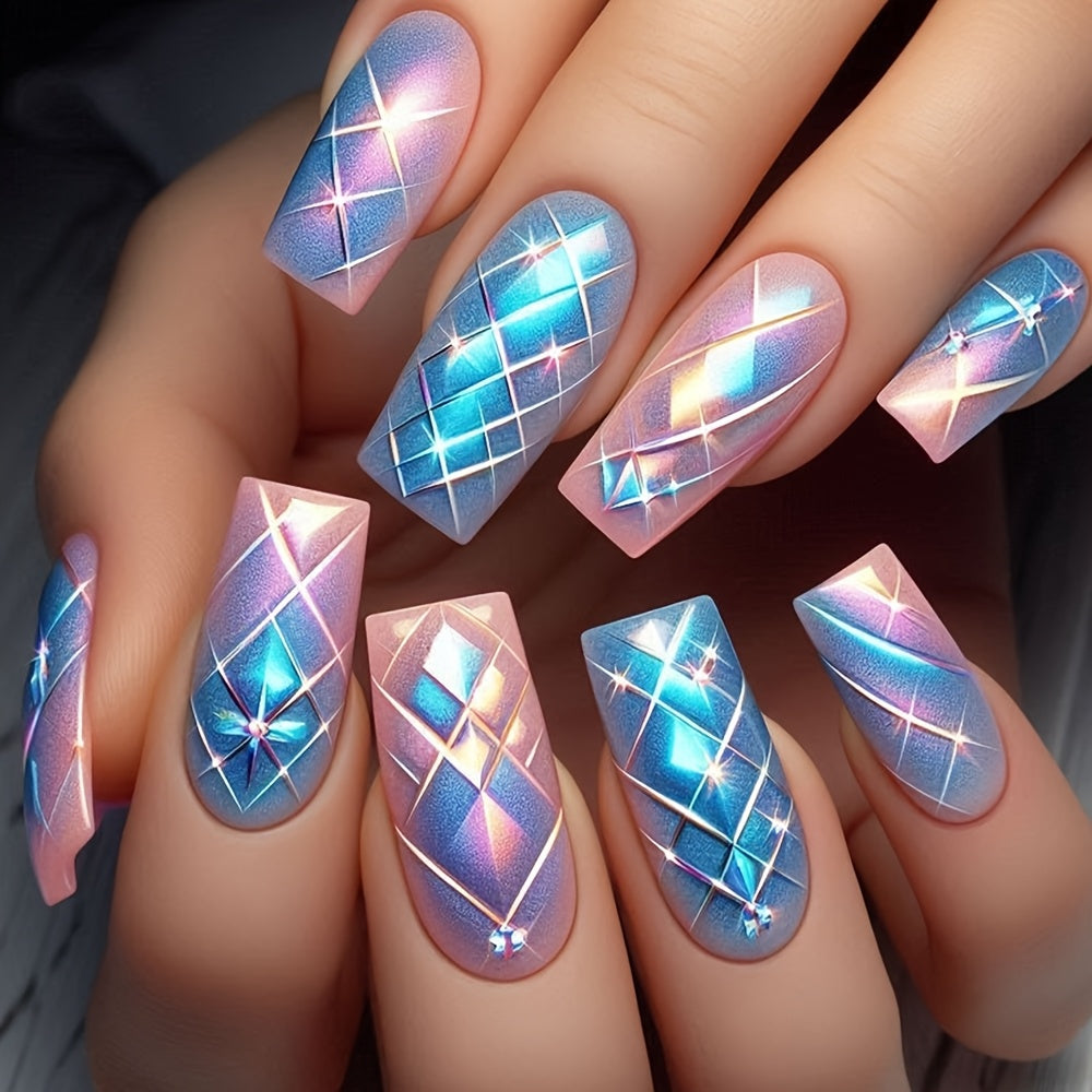 24pcs Glossy Long Coffin Press-On Nails - Pink to Blue Gradient with Stars & Pattern, French Style Reusable Fake Nails for Women and Girls