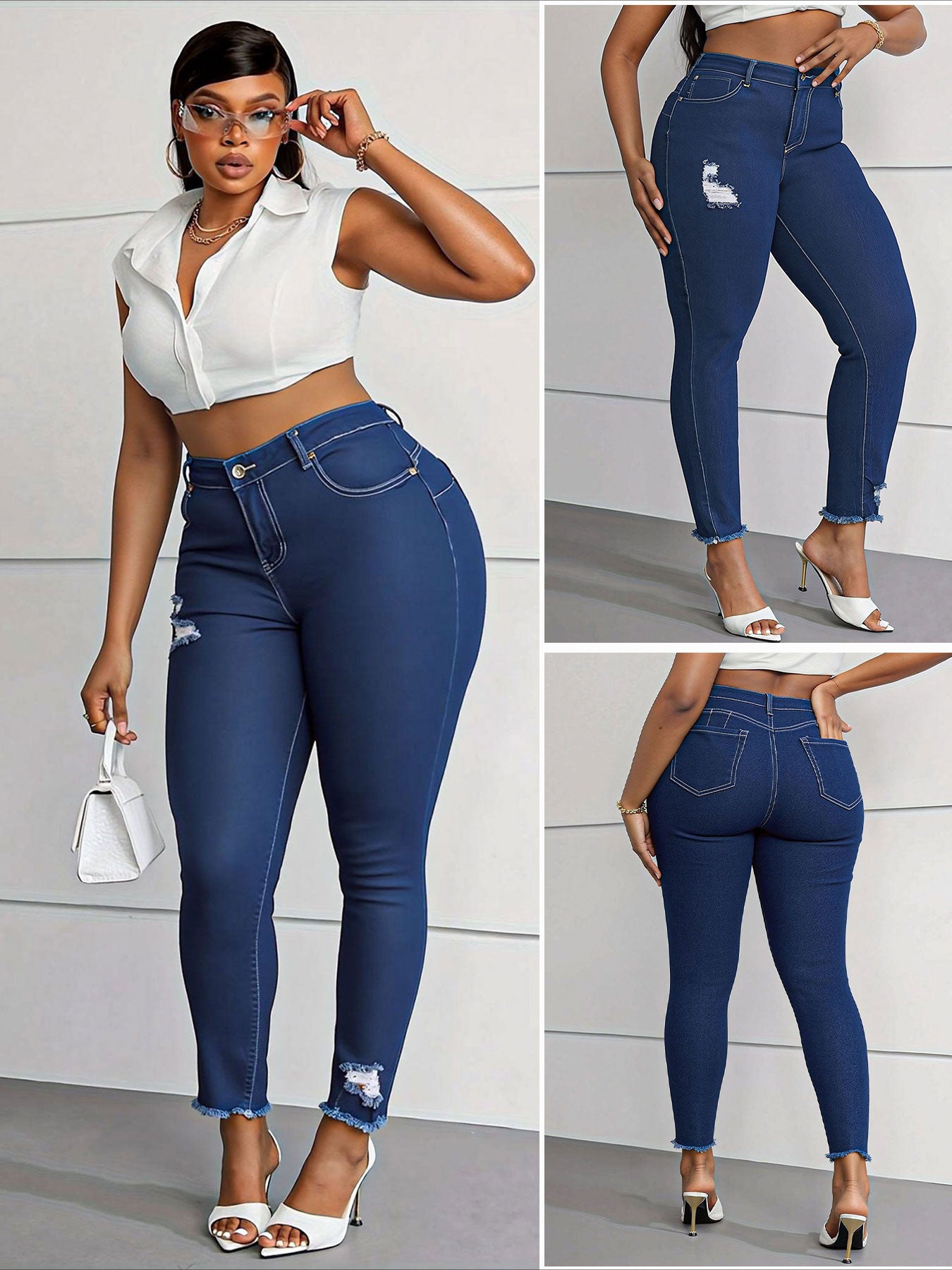 [Torn Skinny Jeans] Large Size Women's Skinny Jeans | Torn with Pockets Casual