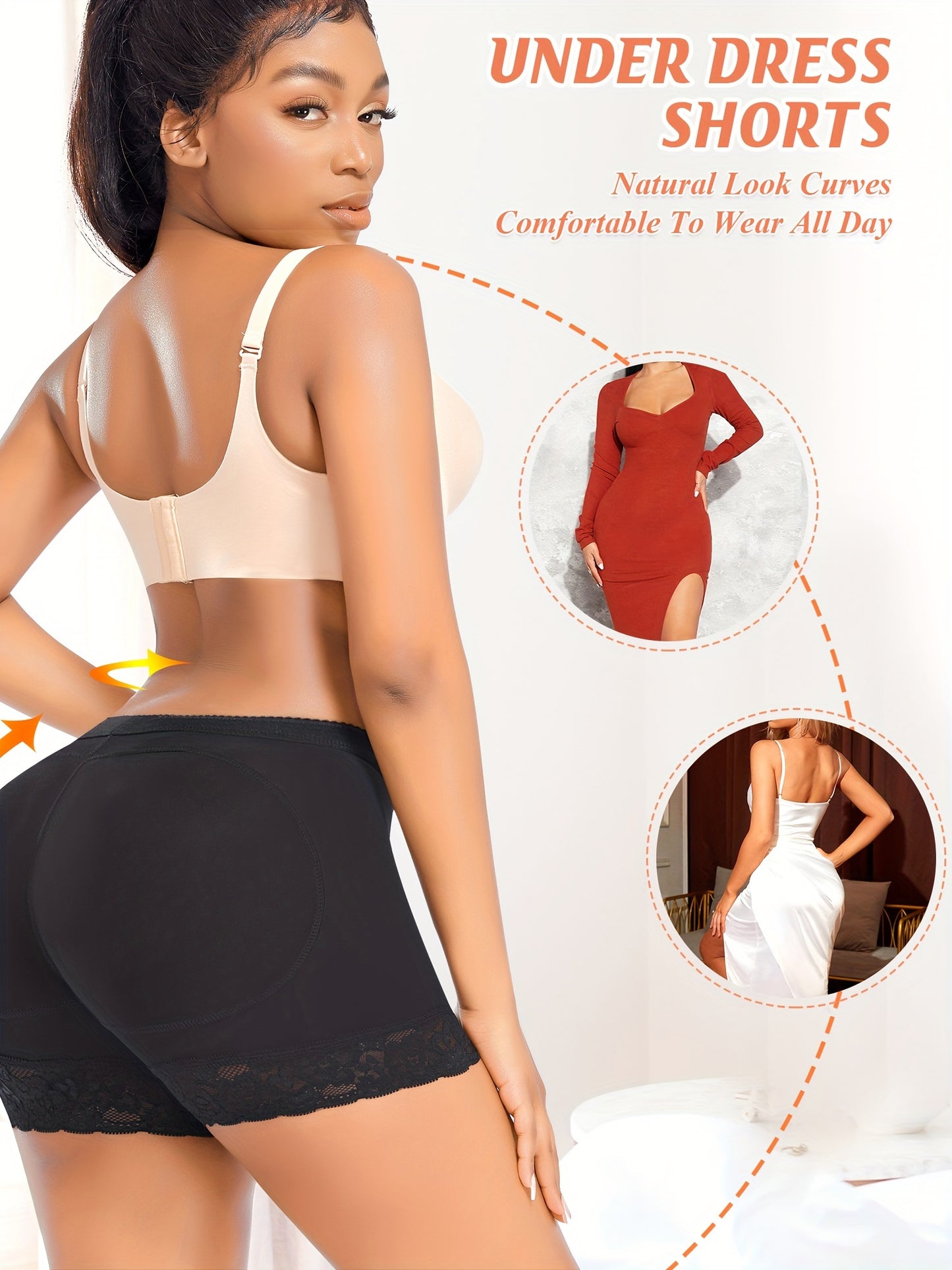 Women's Seamless Lace Shapewear Boyshorts - Padded Butt Lifter Panties with Floral Lace Trim, Beige, Comfortable & Breathable Design for Casual Attire, Cute Panties