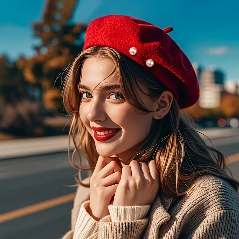1pc Women's Polyester Beret with Artificial Pearl Accents - Elastic Fit, Lightweight Knitted Painter Hat for Valentine's Day, Versatile Daily Wear Accessory, Commuting Accessory | Artificial Pearl Detail | Polyester Fiber Hat