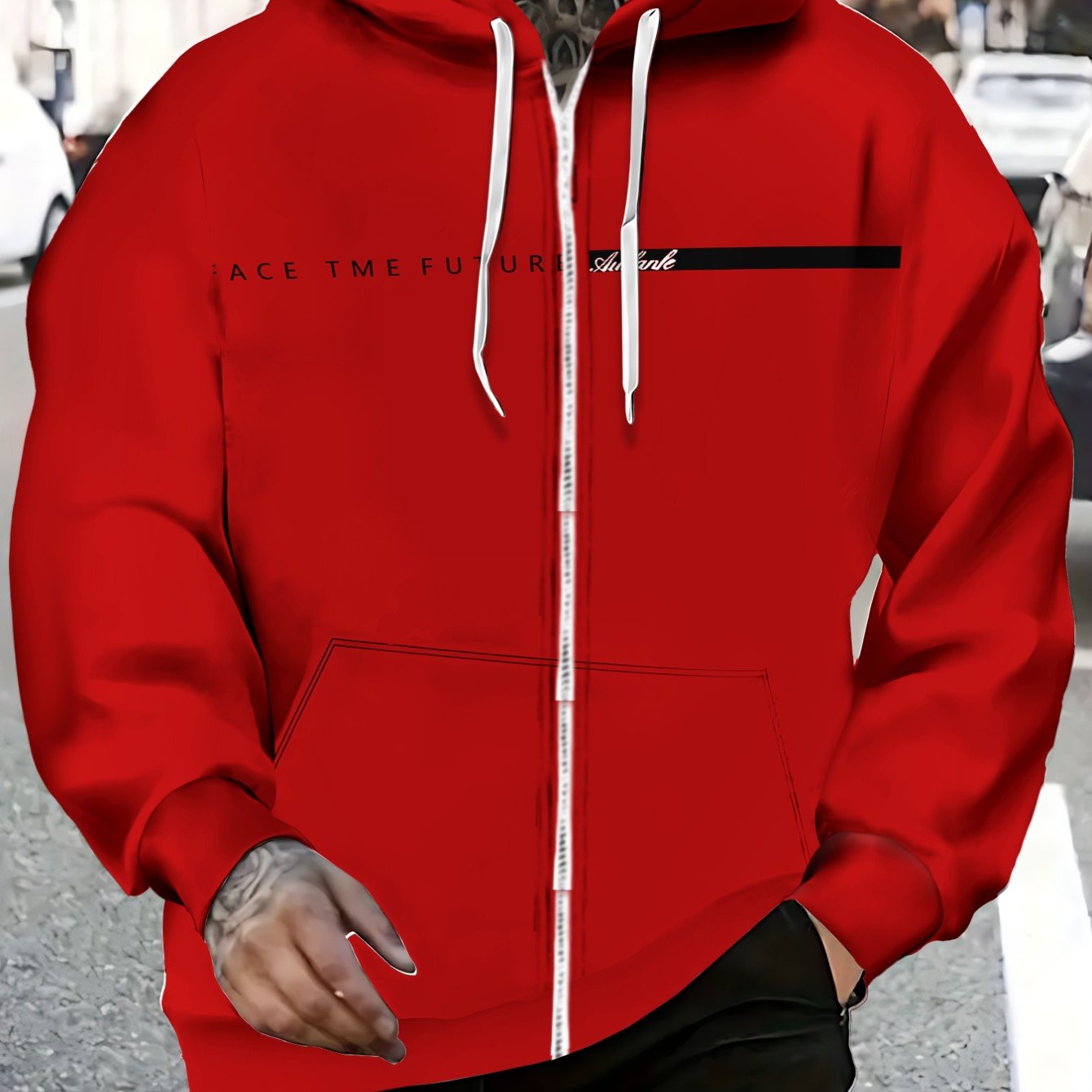 Men'S Red Polyester Hoodie with "FACE TIME" Print - Lightweight, Durable, and Stylish Design, Zip-Up Closure, Perfect for Sports, Travel, and Casual Wear in Various Seasons and Weather Conditions, Casual Wear Hoodie | Trendy
