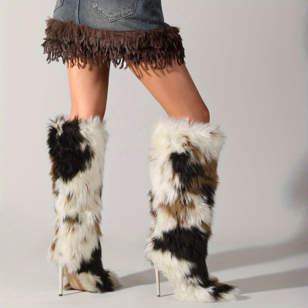 Women'S Faux Fur Knee-High Boots with Kitten Heel - Furry Fluffy Pointed Toe Winter Comfy Plush Warm Boots