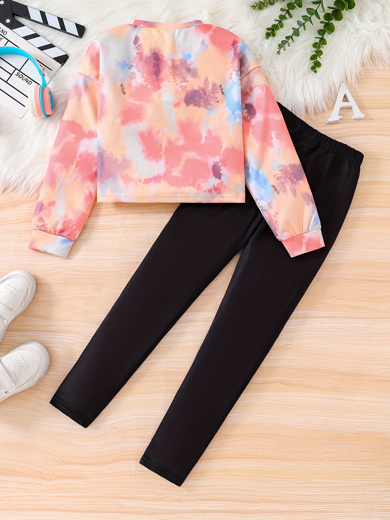 2pcs Girls' Fashionable Spring/Autumn Outfit - "SUNSHINE" Letter Print Tie-Dye Long Sleeve Top & Faux Ripped Print Elastic Waist Pants Set, Breathable Comfortable Casual Streetwear for Youngsters & Teens, Spring Fashion, Vibr