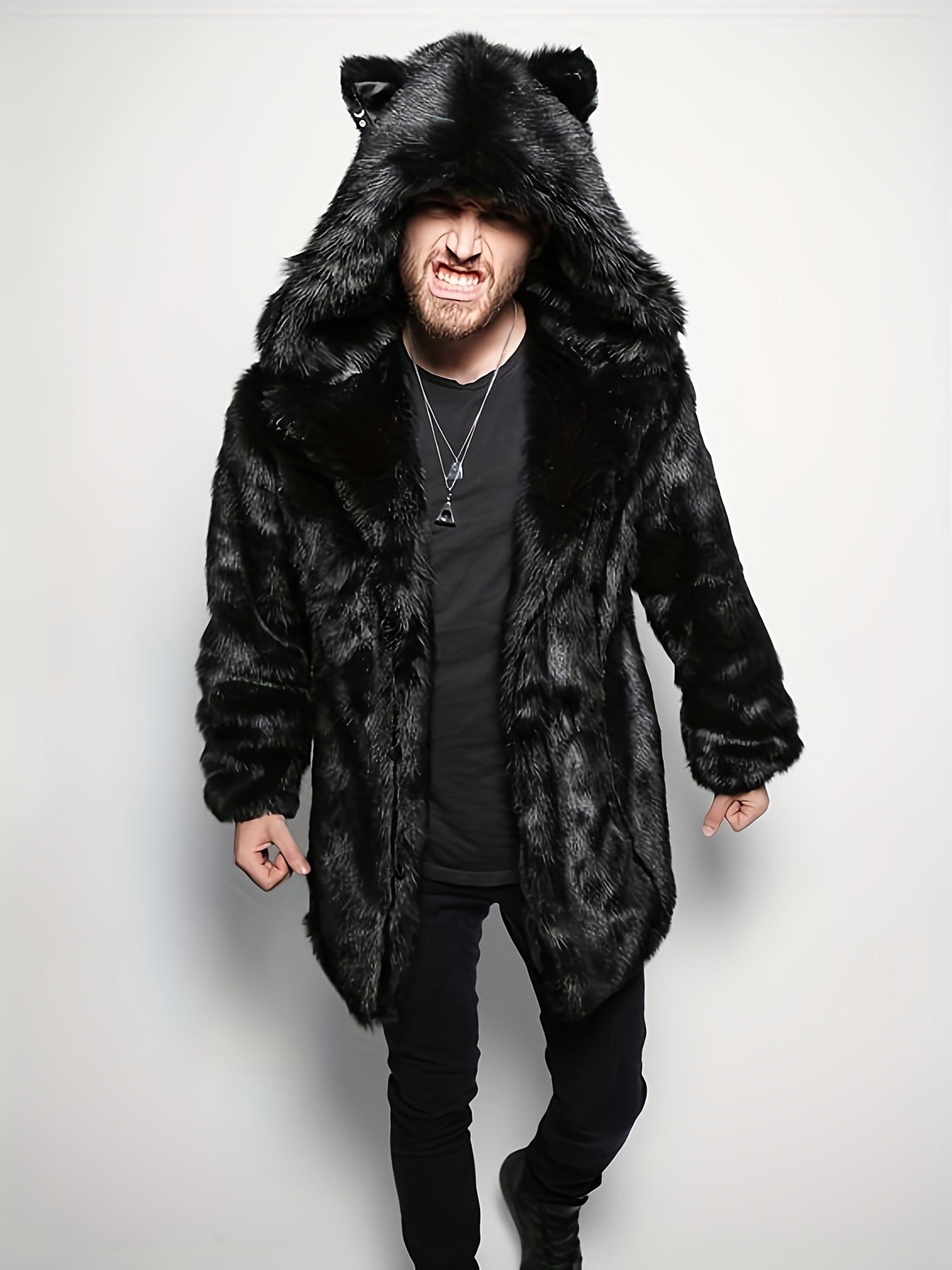 Men'S Luxury Faux Fur Coat - Mid-Length Mink-Like Jacket, Thick Windproof Winter Outerwear with Hood & Full-Zip Closure, Cozy Warm Lining, Casual Loose Fit Streetwear, Geometric Pattern, Lining, Autumn/Winter Jacket for Men (