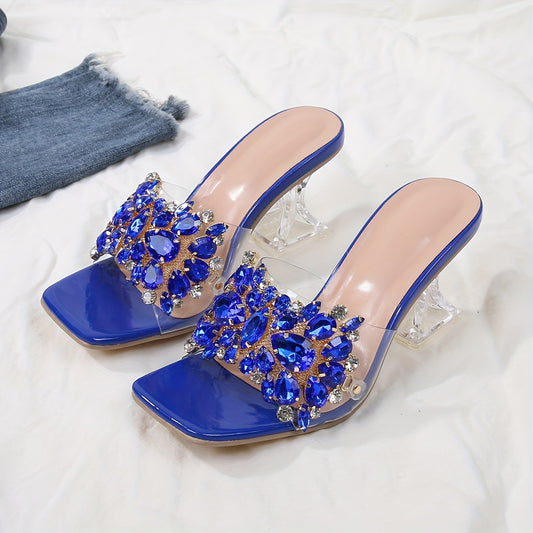 New Women'S High-Heeled Sandals with Transparent Crystal Heels And Rhinestone Embellishments, Perfect for Upscale Parties And Weddings.