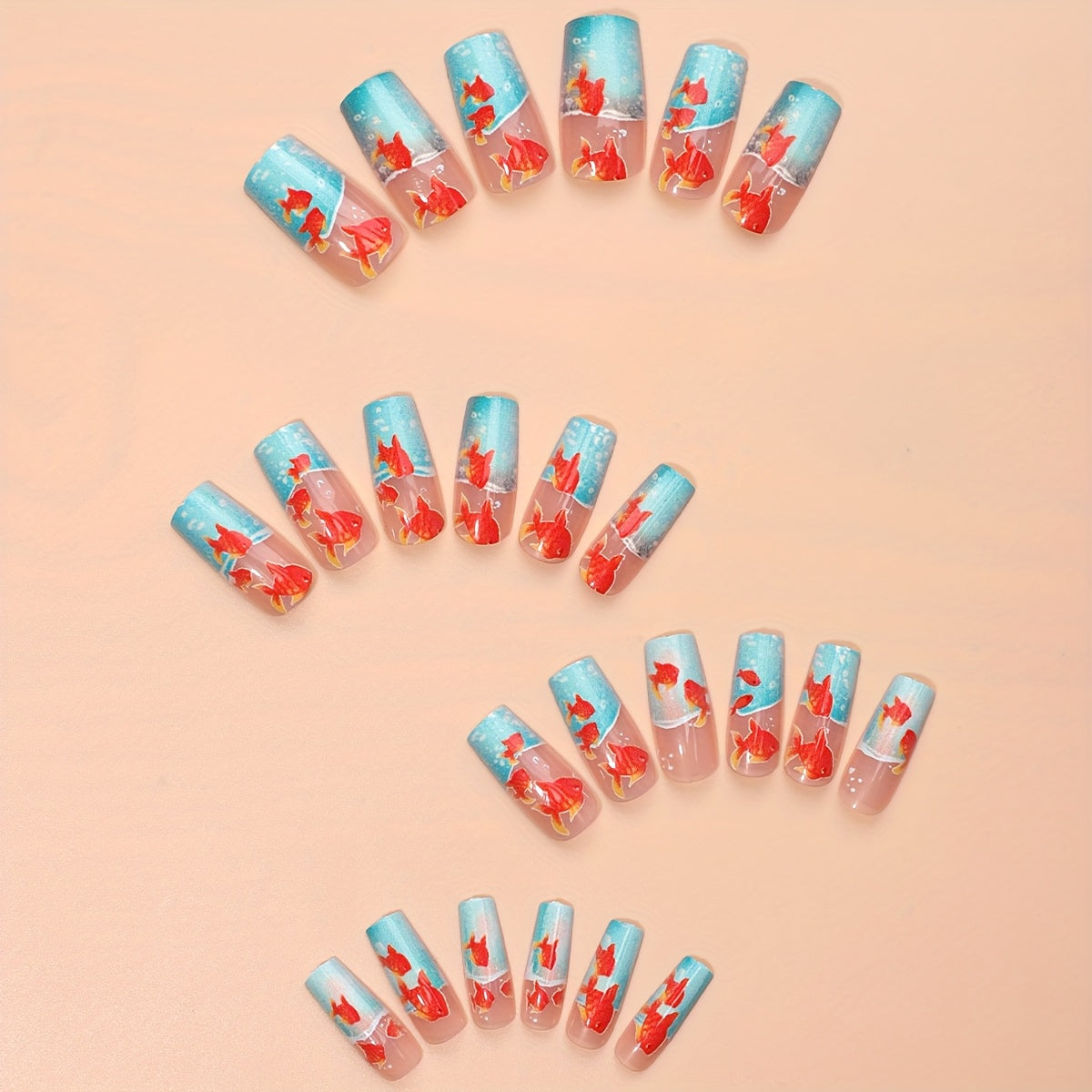 24pcs Square Medium-Length Press-On Nails - Fish Tank & Goldfish Design with Glossy Finish, Red & Teal Aquarium Theme, Includes Jelly Glue & Nail File for Easy Application, Goldfish Tank Decoration, Creative Beauty Accessory,
