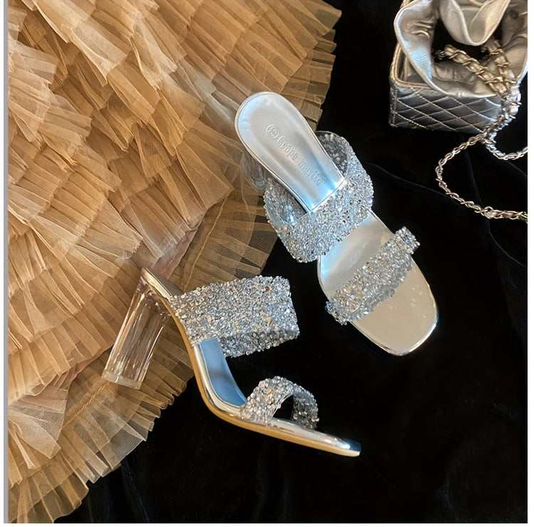 [Glittery Heels] Glittery Rhinestone Block Heel Shoes for Women | 7cm High Heel, Durable Rubber Sole, Comfortable & Stylish for Summer, Sequin Embellished Dress Shoes