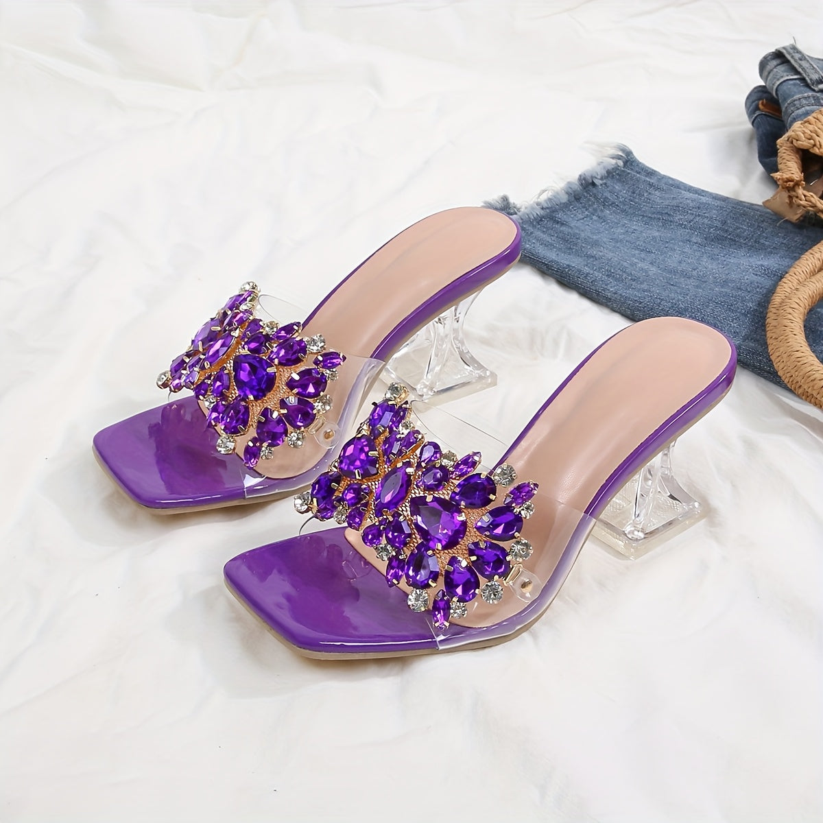 New Women'S High-Heeled Sandals with Transparent Crystal Heels And Rhinestone Embellishments, Perfect for Upscale Parties And Weddings.