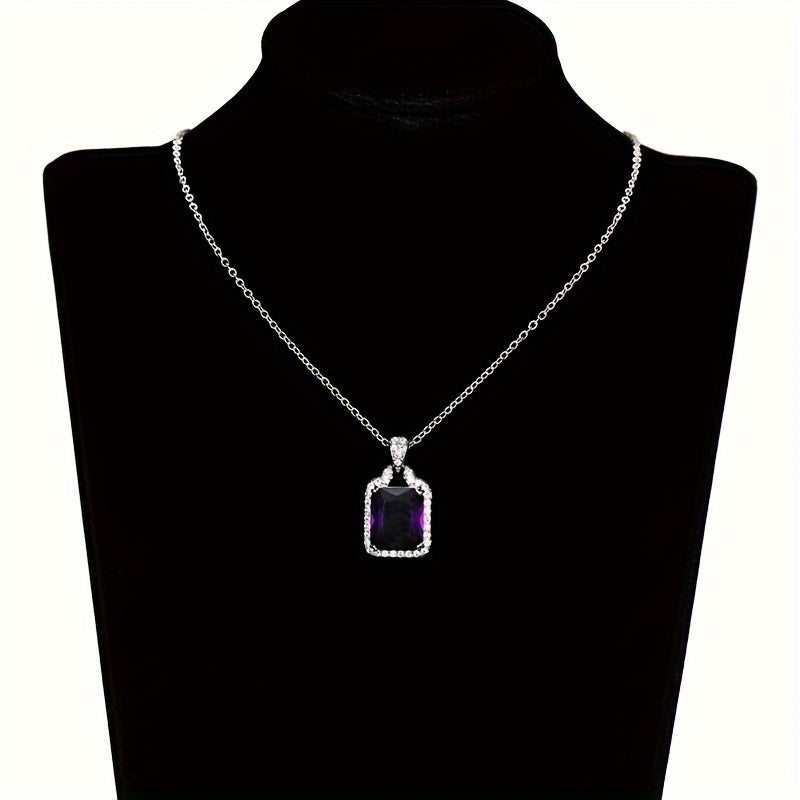 A Women'S Fashion Pendant Necklace Featuring a Vintage Luxurious Design with a Purple Cubic Zirconia Rectangular Cut Pendant, Perfect for Elegant Outfits at Parties And Gatherings, Making It a Stylish Gift for Mother'S Day.