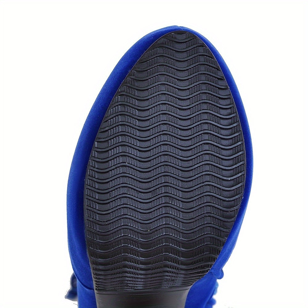 [Royal Blue Boots] Chunky Heel Women's Royal Blue Over-the-Knee Boots - Stretch Fabric, Round Toe, Rubber Sole, Side Zipper & Lace-Up Design - Fits 23-26.5cm Calf Length