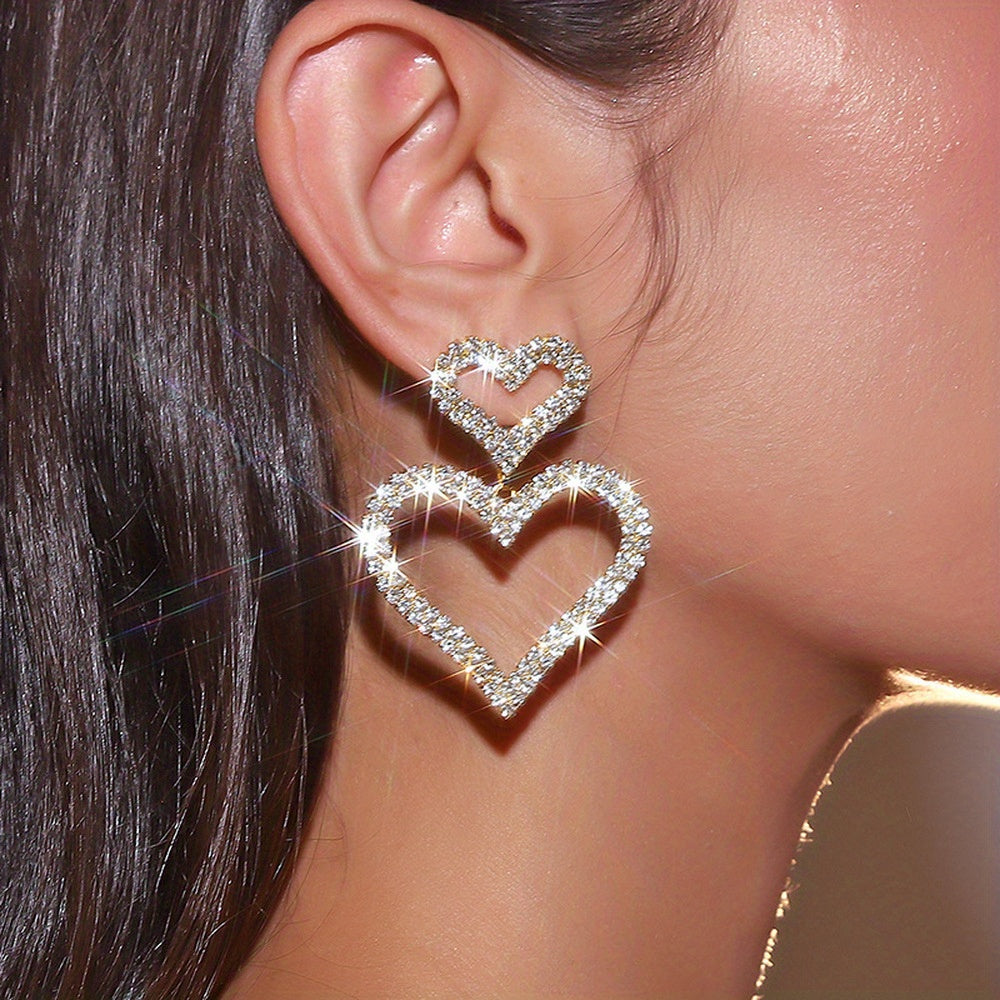 Women's Elegant Double Heart Rhinestone Dangle Earrings - Sparkling Party Jewelry for Valentine's Day, Anniversary, Birthday, Mother's Day Gift - Year-Round Glamour & Everyday to Evening Wear, Anniversary Present, Glamorous A