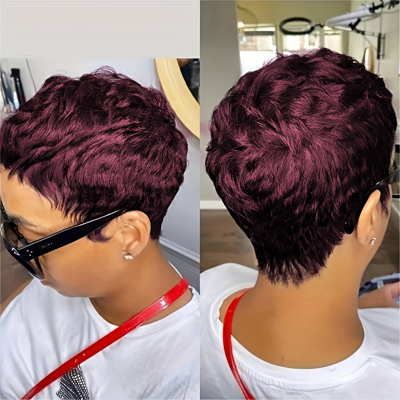 Brazilian Human Hair Wig Pixie Cut Short with Bangs - 180% Density Rose Net Cap Machine-Woven Wig for Women, Natural Straight Hair, Elegant Style, Fit All Ethnicities, Short Hair Wig, Versatile Hairpiece, Chic Hairpiece