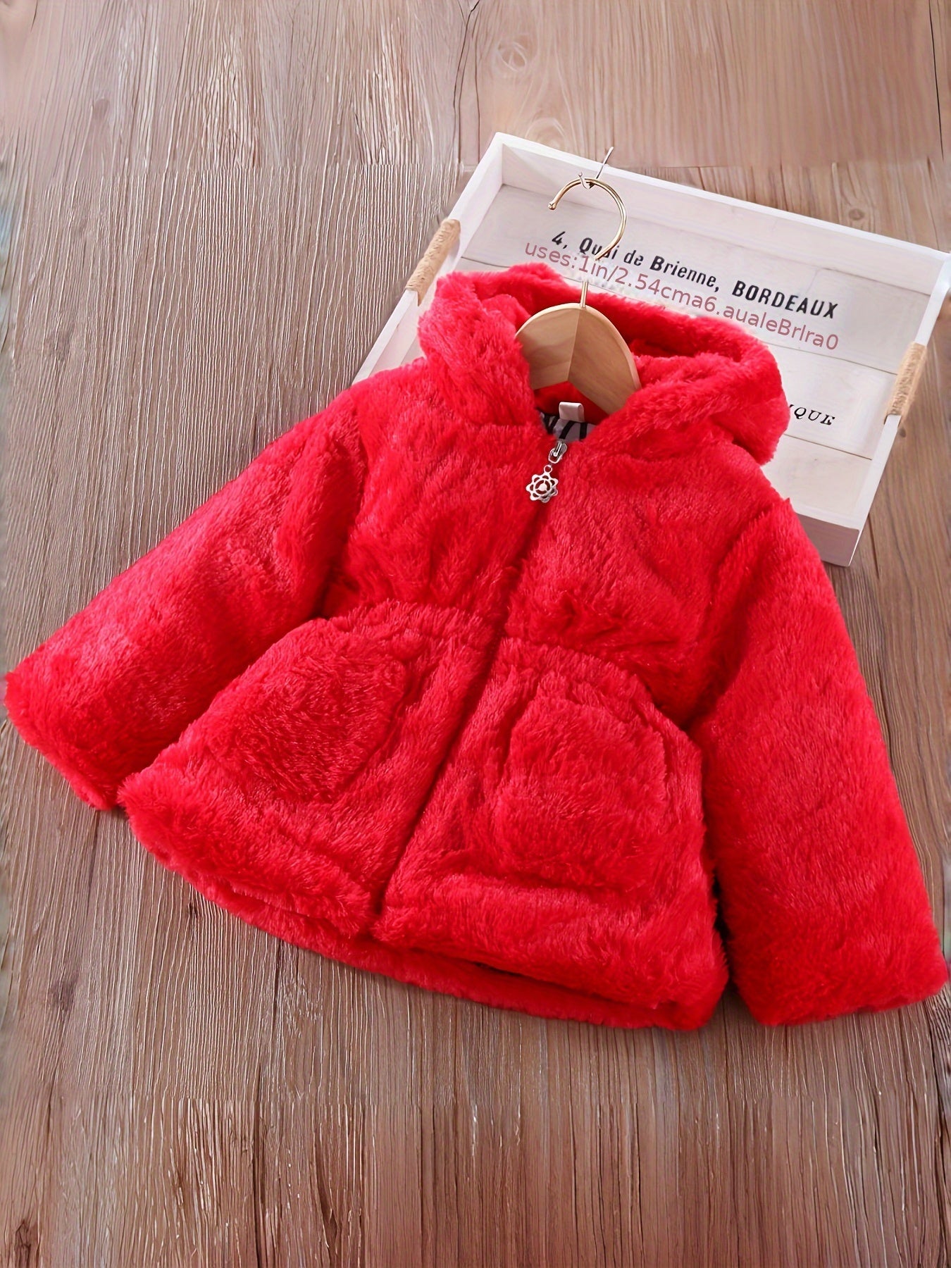 Girls' Cozy Faux Fur Hooded Coat - Warm Zip-Up Winter Jacket with Pockets, Cute Ear Flaps & Plush Trim, Vibrant Red Mid-Length Casual Fall/Winter Outerwear for Youngsters & Toddlers, Autumn Winter Apparel, Playful Design, Sof