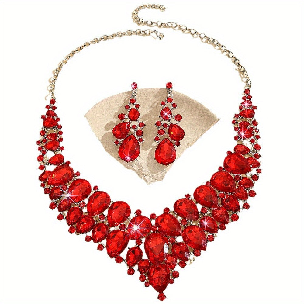 2pcs Bold Red Lab-Created Artificial Crystal Necklace& Earrings Set, Bridal Wedding Jewelry Gift for Women, Statement Anniversary Valentine's Day Accessories for Bride, Luxe Artificial Crystal Bridesmaid Set