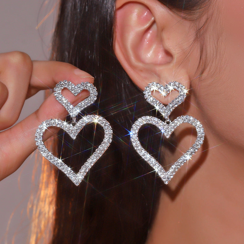 Women's Elegant Double Heart Rhinestone Dangle Earrings - Sparkling Party Jewelry for Valentine's Day, Anniversary, Birthday, Mother's Day Gift - Year-Round Glamour & Everyday to Evening Wear, Anniversary Present, Glamorous A