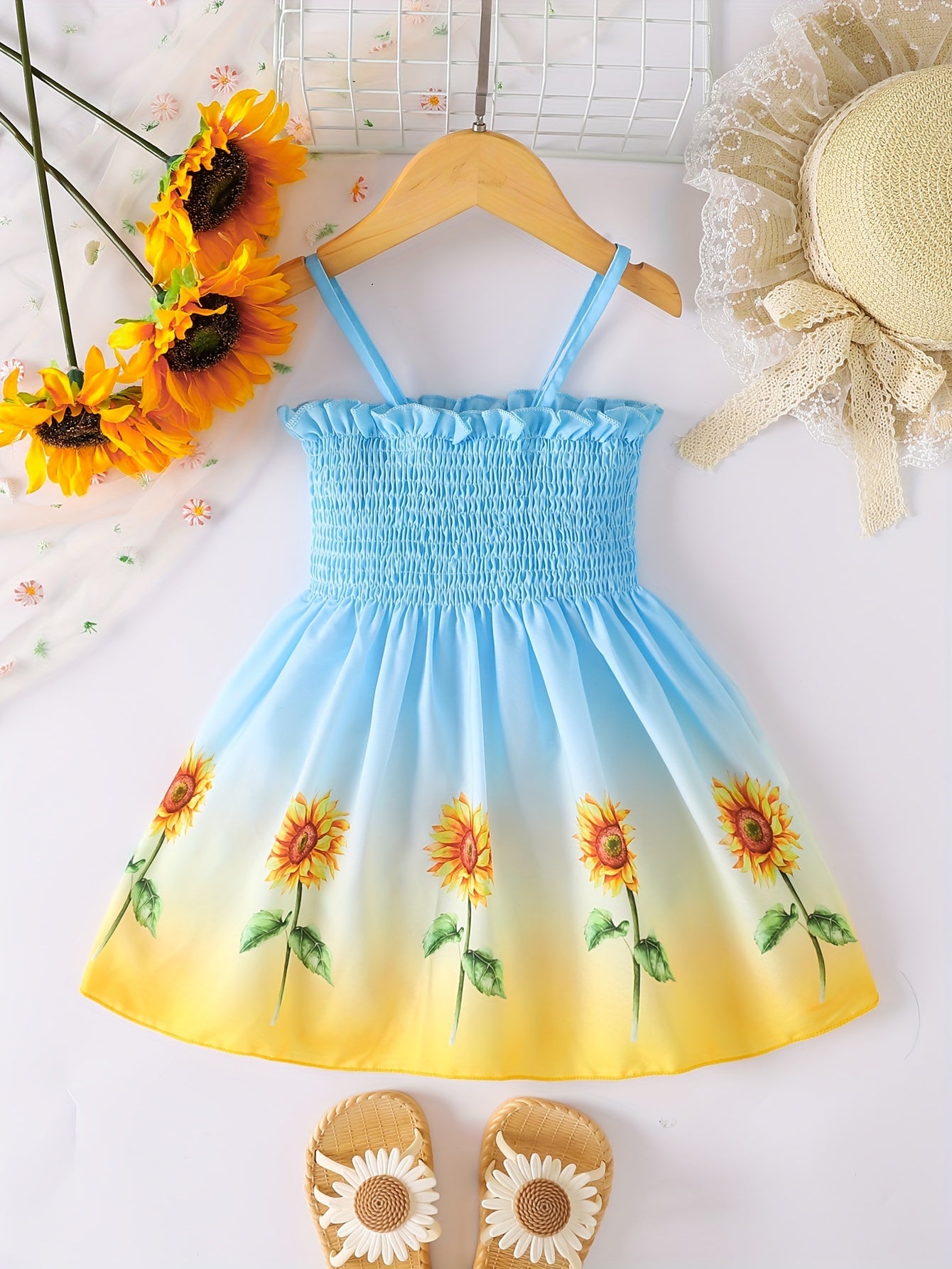 [Sunflower | Girls] Gradient Color Sunflower Princess Dress | Toddler Girls Shirred Cami Frill Trim | For Party Beach Vacation Kids Summer Clothes 4th Of July Outfit