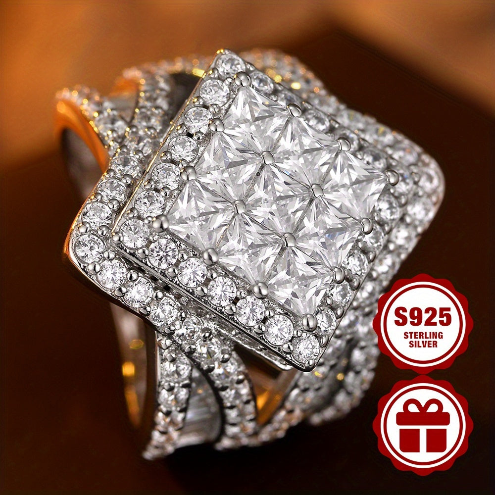925 Sterling Silver Lady'S Wide Face Ring, Luxurious And Fashionable, Princess Square Layered Design, Fully Set With 5A Zirconia, Suitable For Daily Wear, Engagement, Parties, As A Gift For Your Girlfriend, With Gift Box