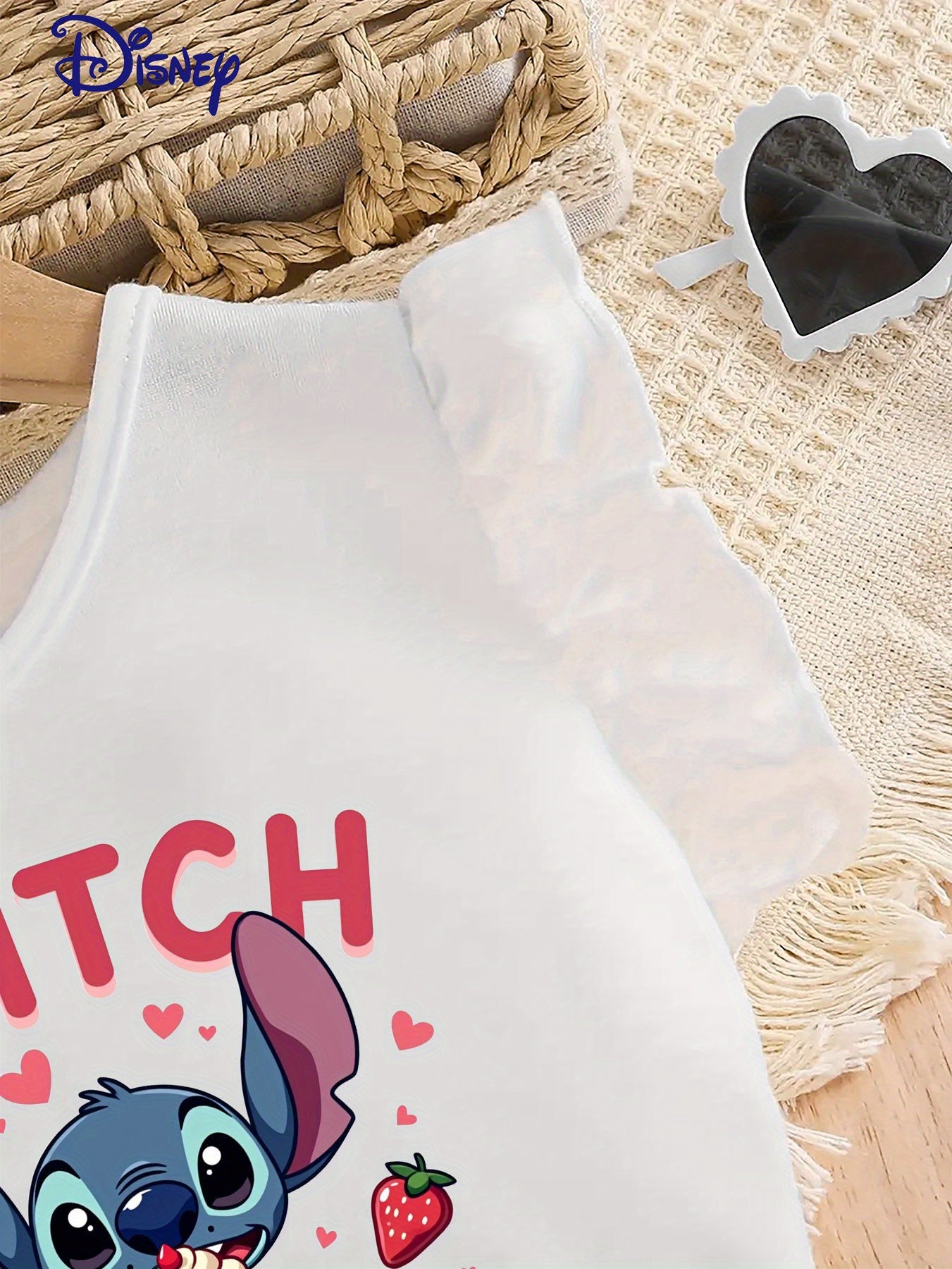 Stitch & Strawberry "Berry Sweet" Two-Piece Kids' Outfit - Cute Cartoon Print Top with Ruffled Edges & High-Waisted Shorts, Perfect for Summer Outdoor Activities, Outdoor Play Attire|Playful Design|Stretchy Fabric