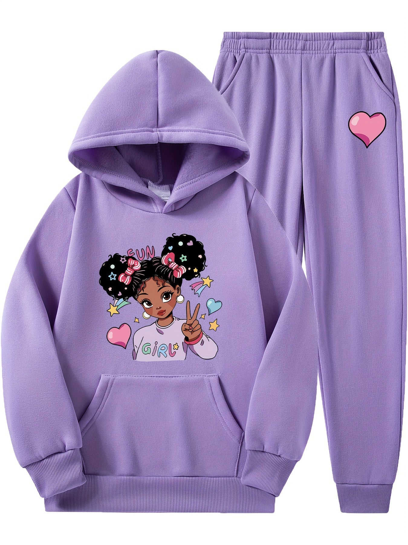 Fashion Cartoon Girl Pattern Print Autumn and Winter Girls' Long Pants Set Casual Hooded Sweatshirt + Joggers 2pcs, Perfect for Outdoor, Casual Attire, Cozy Outfit, Casual Wear, Trendy Design, Durable Material, Long Sleeve To