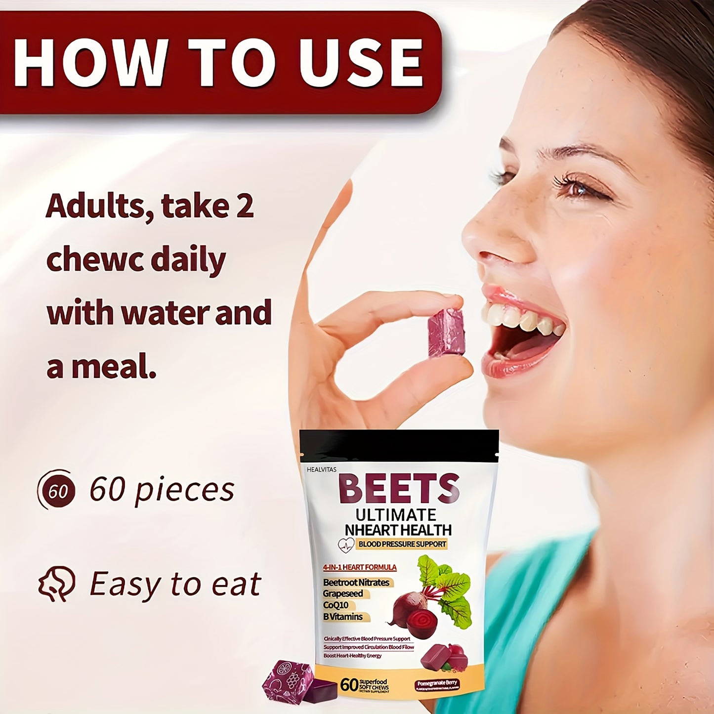 1/2pcs 4-in-1 Super Beetroot Gummies with CoQ10, Beetroot & Grapeseed - Blood Pressure & Heart Health Support, 60 Chewable Vitamins for Circulation, Blood Flow & Endothelial Function, Natural Fruit Flavor, One Month Supply (M