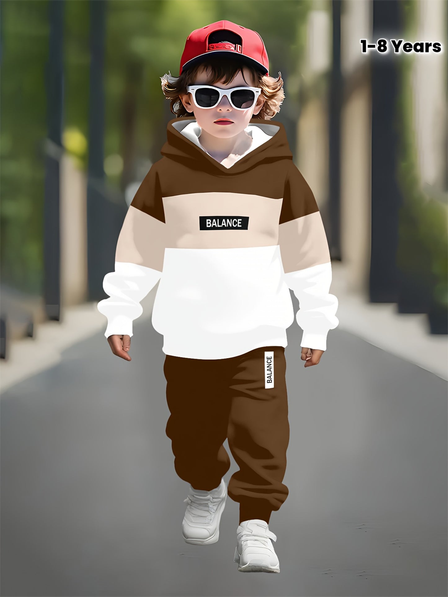 Boys' 3D Print Hoodie & Sweatpants Set - Casual Long Sleeve Pullover with "BALANCE" Graphic, Brown & White Striped Design, Elastic Waistband, Perfect for Spring/Fall Outdoor Play, Boy Hoodie, Playful Graphic Hoodie, Comfortab