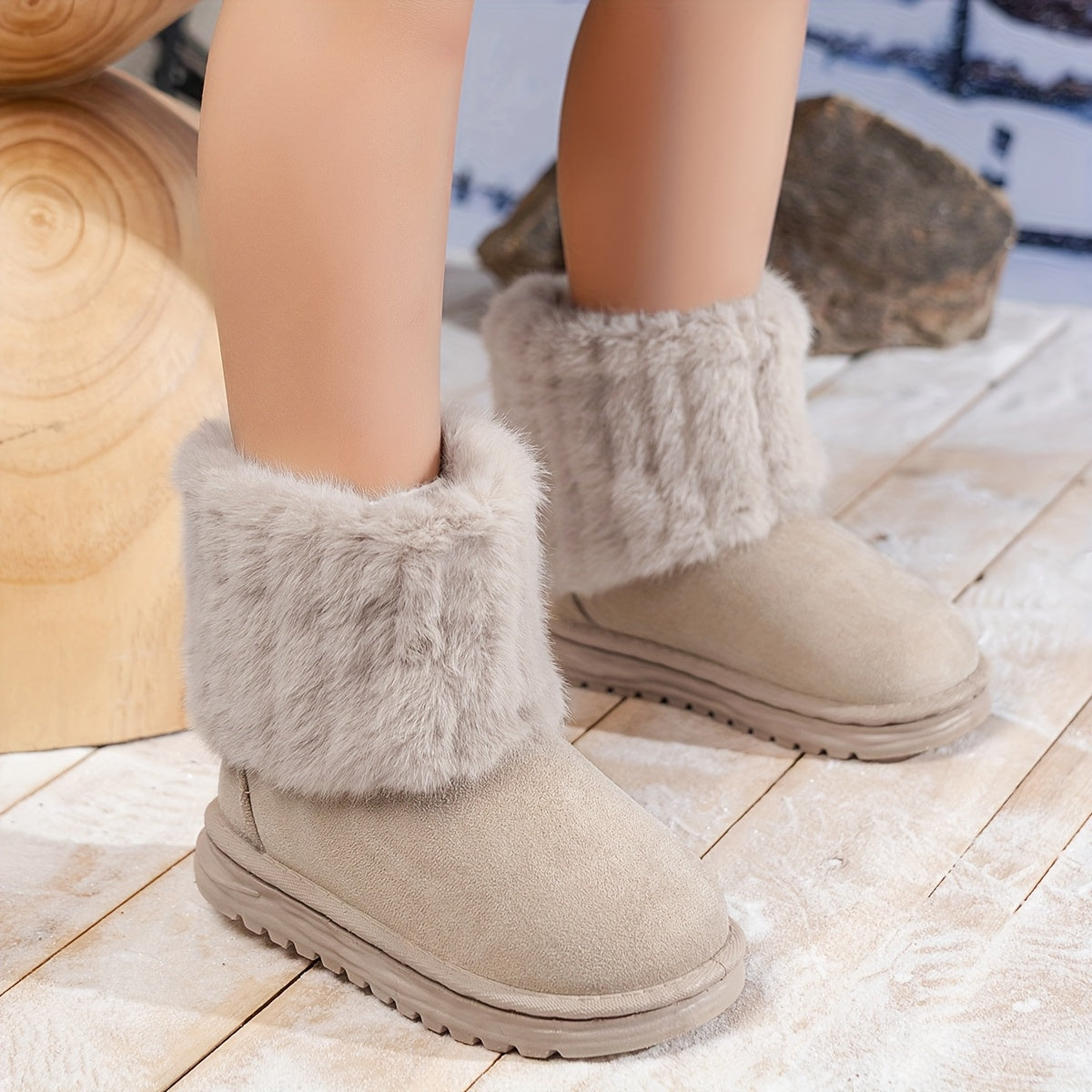 Girls' Winter Warm Slip-Resistant Mid-Calf Boots With Thick Rubber Sole & Plush Collar - Beige Round Toe Snow Boots With Heart Cutouts, Soft Fabric Upper For Outdoor Play, Casual Casual Attire Beige, Pink, Blue, Black - Cozy