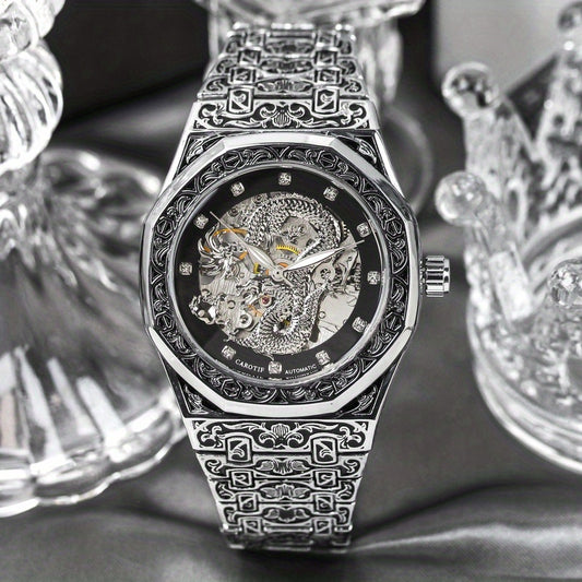 [1pc Silvery Steel Watch] 1pc Men's Silvery Steel Retro Polygonal Dragon Shape Tourbillon Automatic Hollow Mechanical Watch