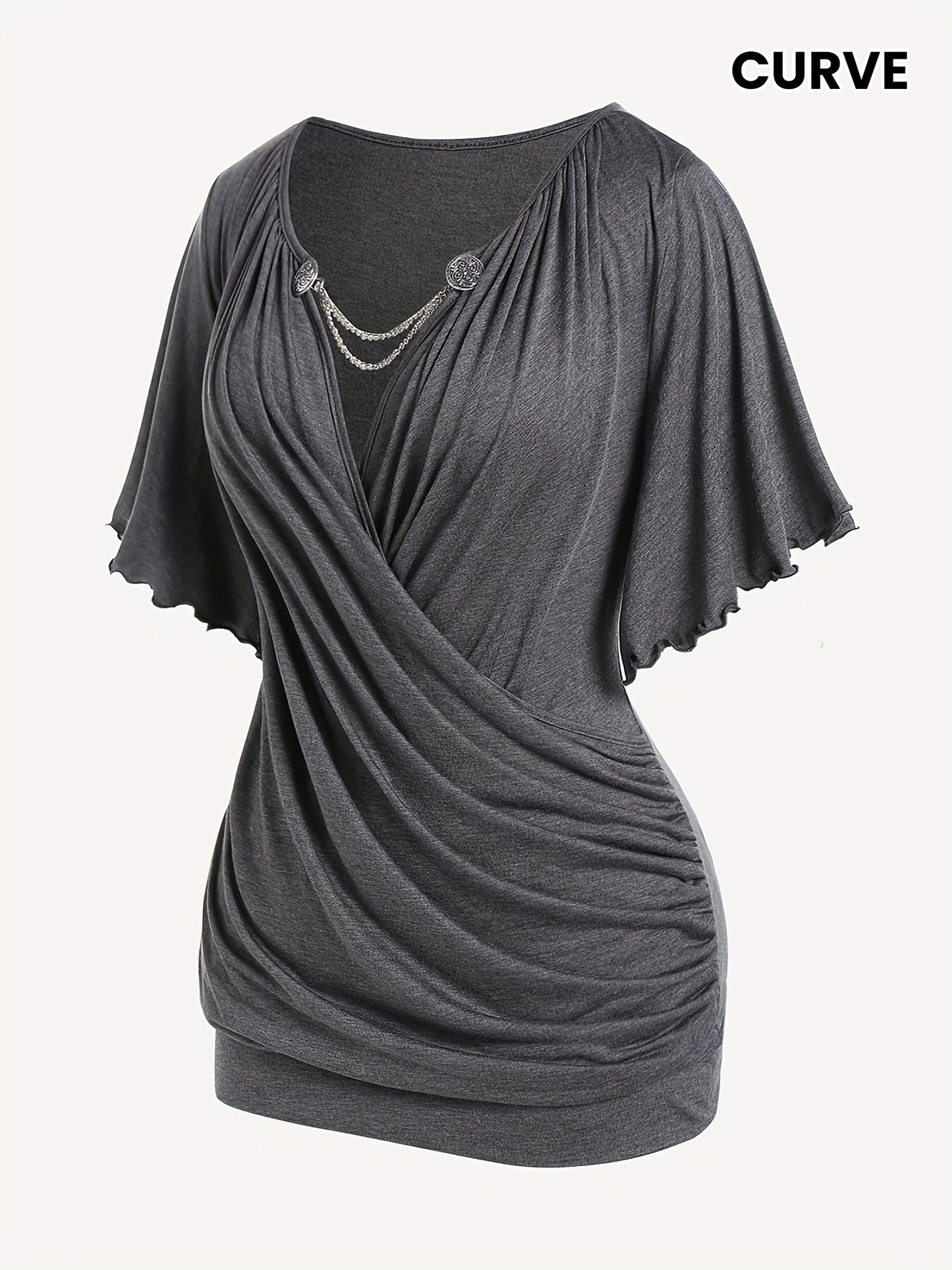 Plus Size Elegant Chain Decor Ruched T-Shirt - Surplice Neck, Short Sleeve, Comfortable, Breathable, Spring & Summer Essential - Women's Fashion Clothing for Curvy Figures