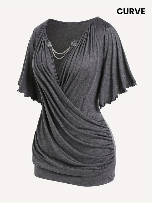 Plus Size Elegant Chain Decor Ruched T-Shirt - Surplice Neck, Short Sleeve, Comfortable, Breathable, Spring & Summer Essential - Women's Fashion Clothing for Curvy Figures