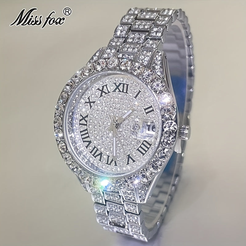 MISSFOX Elegant Quartz Watch for Women - Luminous, Round Alloy Case, Hip-Hop Iced-Out Design with Sparkling Crystals, Perfect for Casual or Formal Wear, Ladies Watches